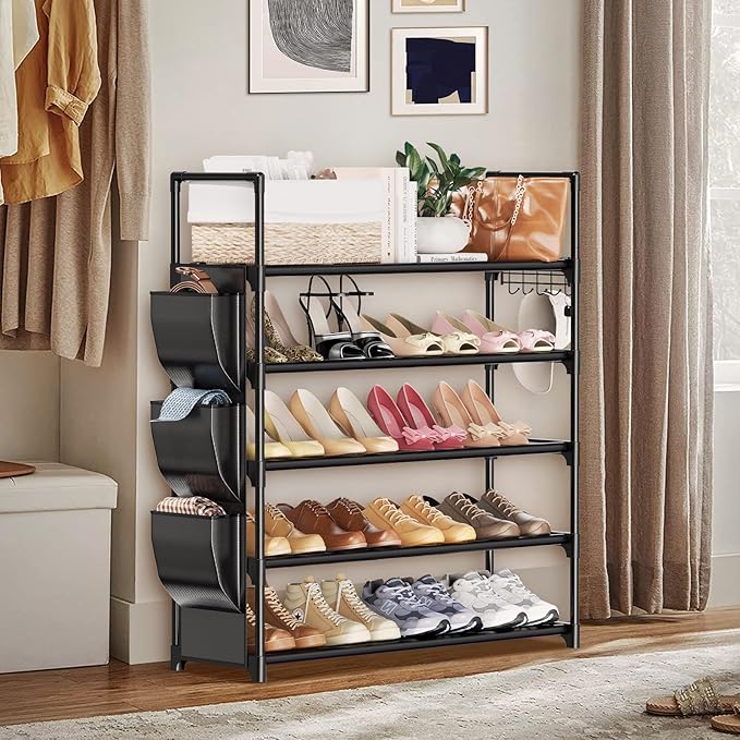 VILICK 5 Tier Shoe Rack with Hook and Side Pocket,Shoe Organizer Space Saver Storage for 20-25 Pair Shoe Storage Shelf Sturdy