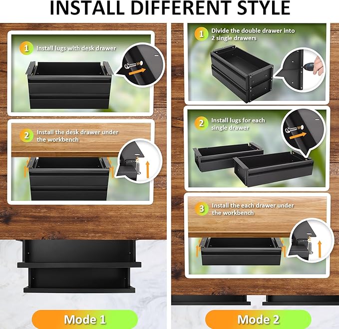 15 in 2-tier Under Desk Drawer,Adjustable Height, Under Desk Drawer Slide Out with Slide Extension Mounted Under Flat Wooden 