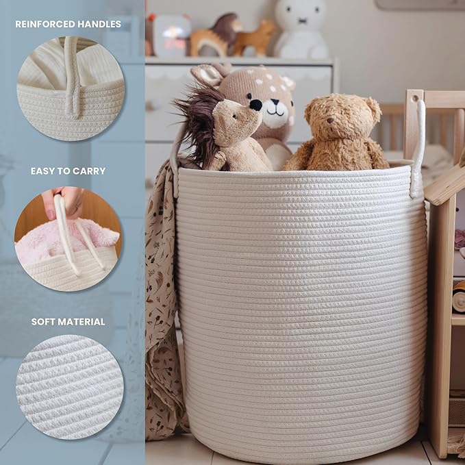 OrganiHaus Large Off-White Woven Laundry Basket w/Handles 52L, Rope Dirty Clothes Hamper, Blanket Basket for Living Room, Bab