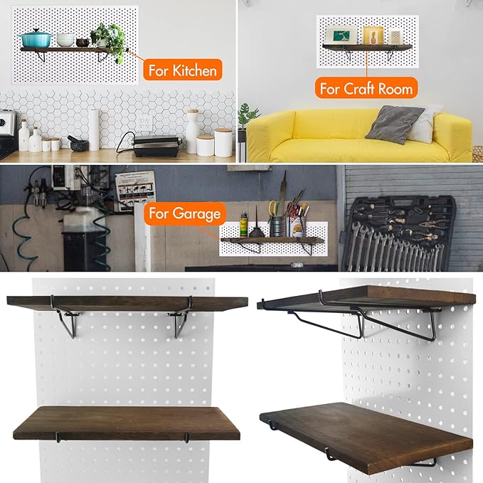 G.CORE 2 Pack Wooden Pegboard Shelves with Brackets, Peg Board Shelf Hooks Assortment Organizer Accessory, Various Tools Stor