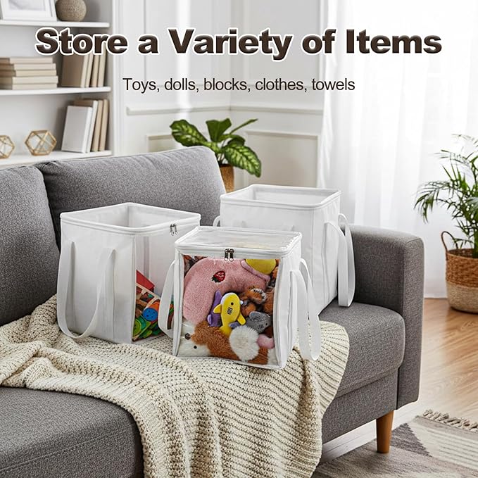 3 Pack Large Storage Bins, Foldable PVC Organizer Box with Transparent Lid & Handles, Multi-Purpose Toy Clothes Books Home De