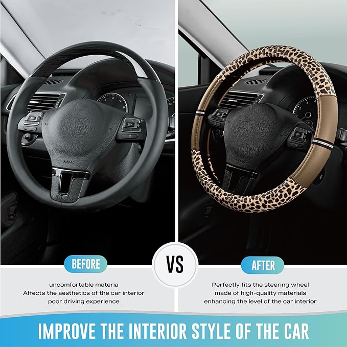 Road Comforts Leopard Steering Wheel Cover for Women, Cute Anti-Slip Microfiber Leather, Universal Fit 14.5-15 Inch Round Ste
