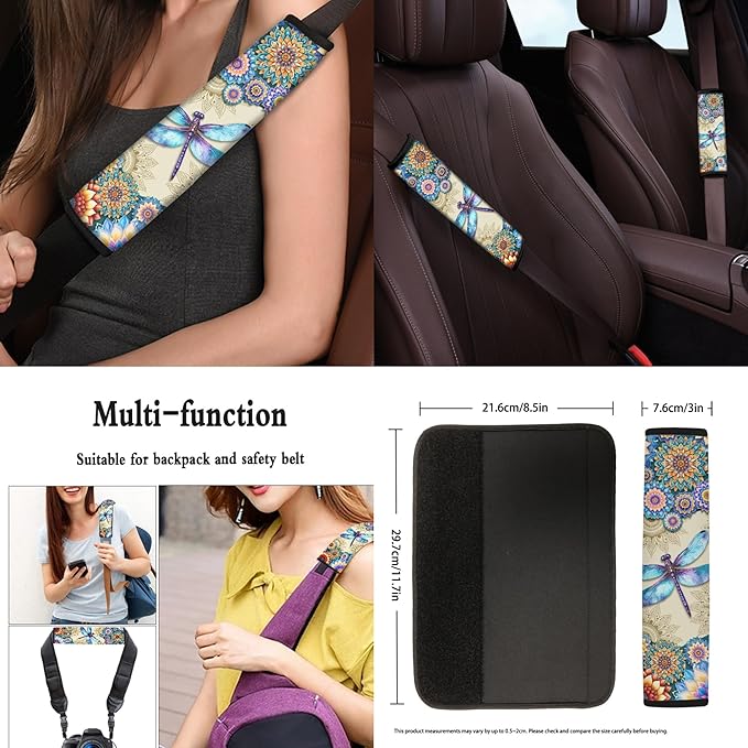 Dragonfly Car Seat Cover Full Set with Steering Wheel Cover Seat Belt Pads Auto Armrest Covers Boho Flower Cup Holders Keychain Lipstick Holder Fit for Most Vehicles