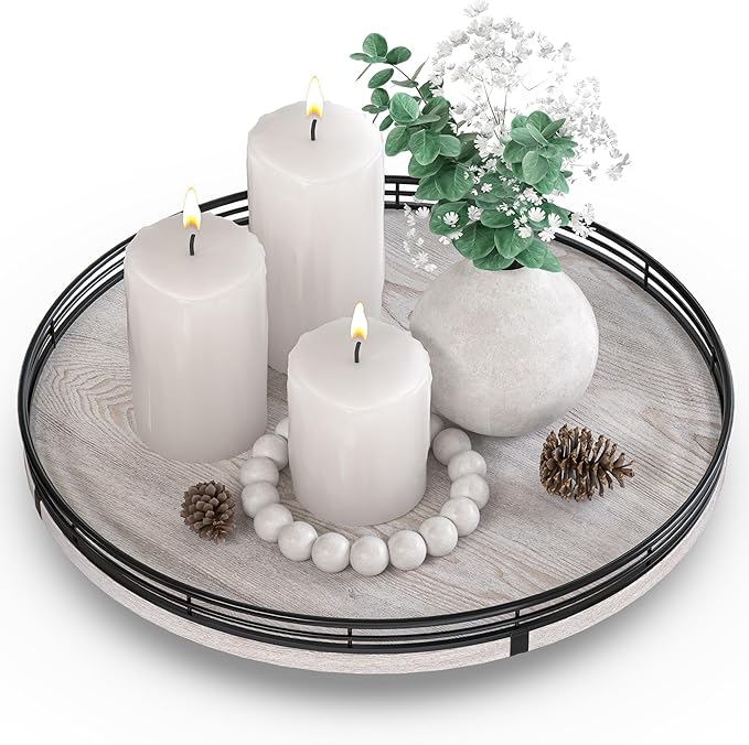 13" Oak Bathroom Vanity Tray Turntable for Perfume Candle, Round Wooden Decorative Tray for Kitchen Sink Countertop Organizer
