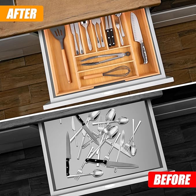 Bellsal Large Premium Bamboo Silverware Organizer - Expandable Utensil Drawer Organizer - 17"x19.6" Utensil Holder and Cutler