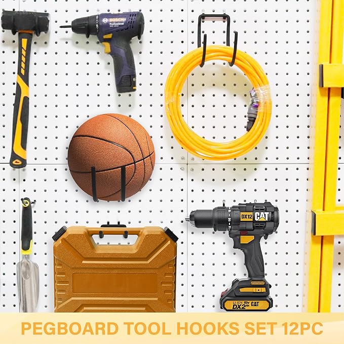 Heavy Duty Pegboard Hooks 12PC - Black Peg Board Hooks for Hanging Tools, Drill Holder, Only Fits 1/4" Peg Board, Ideal for g