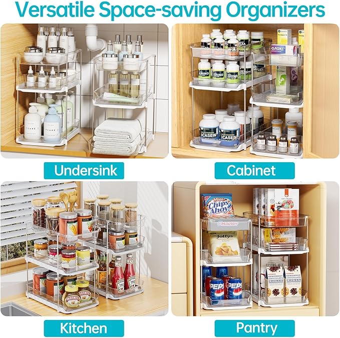 Delamu 2 Sets of 2-Tier Multi-Purpose Bathroom Under Sink Organizers and Storage and 2 Sets of 3-Tier Bathroom Under Sink Org