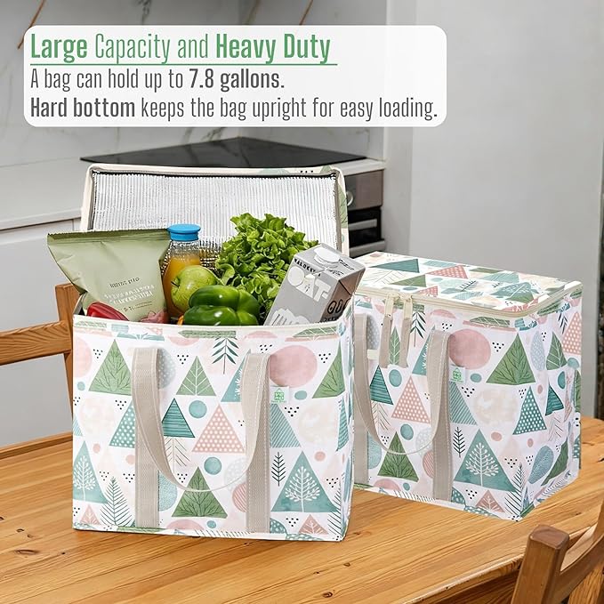 VENO 2 Pack Cooler Bag, Insulated Grocery Bags for Food Delivery, Collapsible Cooler, Reusable Shopping Bags for Groceries, Hard Bottom, Water Resistant, Zippered, Foldable (Pastel Forest, 2 Pack)