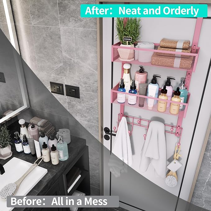 HapiRm Over The Door Hanger with Coat Hooks and 2 Baskets, Rustproof & Waterproof Pink Over The Door Hooks, Storage Organizer