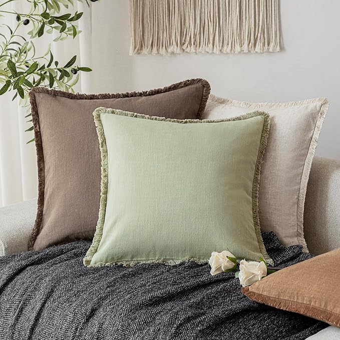 Foindtower Set of 2 Decorative Linen Fringe Throw Pillow Covers Cozy Boho Farmhouse Cushion Cover with Tassels Accent Pillowc