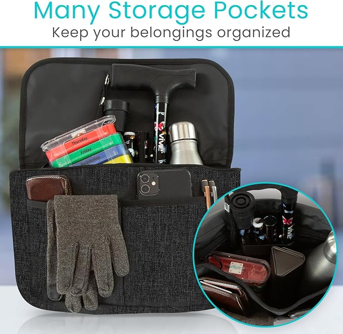 Vive Wheelchair Carry Bag - Arm Rest Pouch for Rollator, Walkers, Power Wheel Chairs and Knee Scooters - Side Storage Organiz