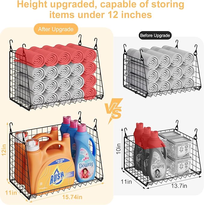 Sonyabecca 3-Pack Hanging Laundry Baskets, Foldable Metal Wire Shelves with 360° Rotating Hooks, Space-Saving Over Washer/Dry