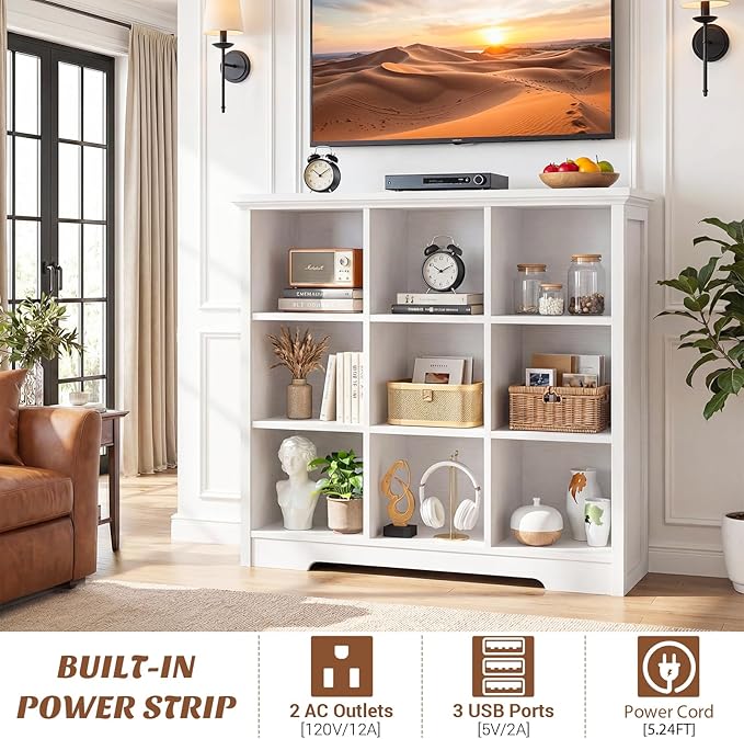 Aheaplus Wooden 9-Cube Storage Organizer with Charging Ports, Modern Cube Bookcase with Base, 4-Tier Floor Standing Open Cubb