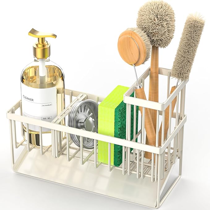 Cisily Off White Sponge Holder for Kitchen Sink, Sink Caddy Organizer with High Brush Holder, Kitchen Countertop Rustproof 30