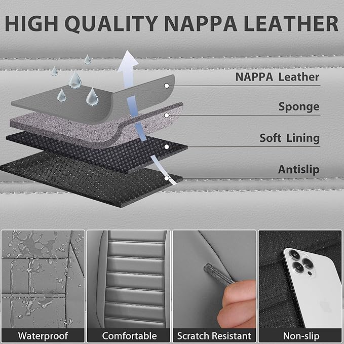 CAR PASS Nappa Leather Car Seat Covers Front Seats, Luxury Seat Protector for Cars, Waterproof Anti-Slip Seat Cushion Airbag 