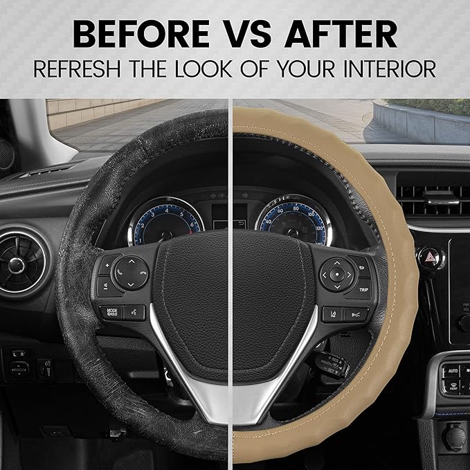BDK Genuine Beige Leather Steering Wheel Cover for Car, Medium (14.5" - 15.5") – Ergonomic Comfort Grip for Men & Women, Univ