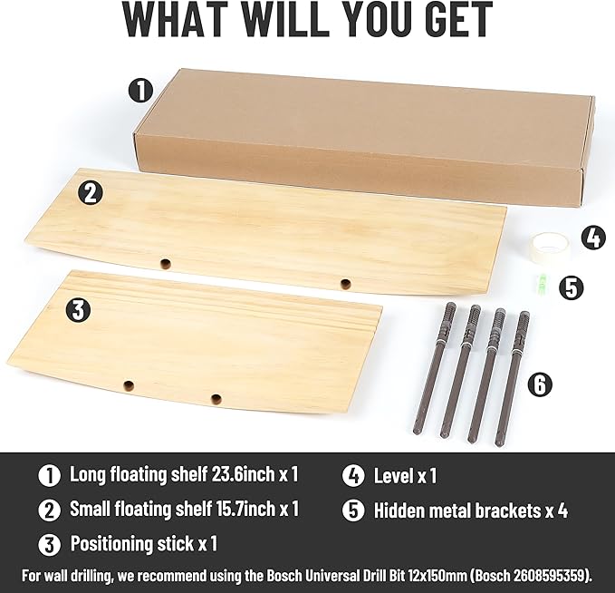 Floating Shelves for Concrete Wall: Solid Wood Shelf 15.75 and 23.6 inch with Heavy Duty Hidden Bracket for Display Books Pla