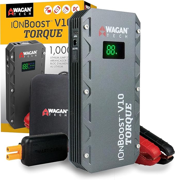 Wagan EL7507 Jump Starter iOnBoost V10 Torque 1000Amp Peak 12V Portable Lithium Car Battery Up to 7.8L V10 or 6.7L Diesel,