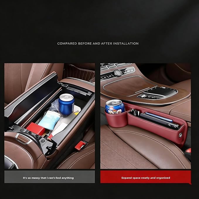 2-Pack car seat Gap Filler Organizer with Cup Holder,Car Leather Cup Holder Gap Organizer,Built-in Beverage Holder (12in x7.9in), for Keys/Phone/Sunglasses, Car Seat Organizer (Beige)