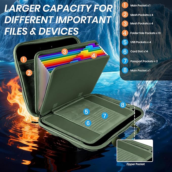 Fireproof Document Box, Hard Case Fireproof File Organizer Box with Lock and 13 Pocket Accordion File Folder, Portable Safe B