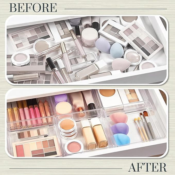 STORi SimpleSort 6-Piece Stackable Clear Drawer Organizer Set | 6" x 6" x 2" Square Trays | Small Makeup Vanity Storage Bins 