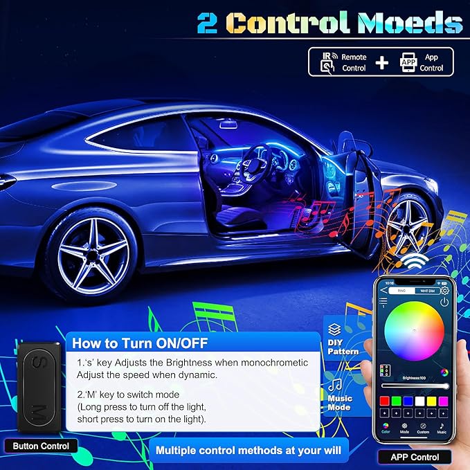 RGB Acrylic Interior Car LED Strip Light with Wireless APP, 14 in 1 with 175 inches 593 LEDs Neon LED Strip Light, 16 Million Colors Dynamic Music Sync Car Ambient Lighting Kits