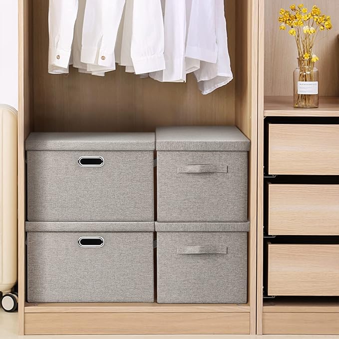 Graciadeco Large 17" 36 Quart Collapsible Stackable Storage Bins with Lids, 5 Packs Beige Linen Fabric Closet Boxes with Lids