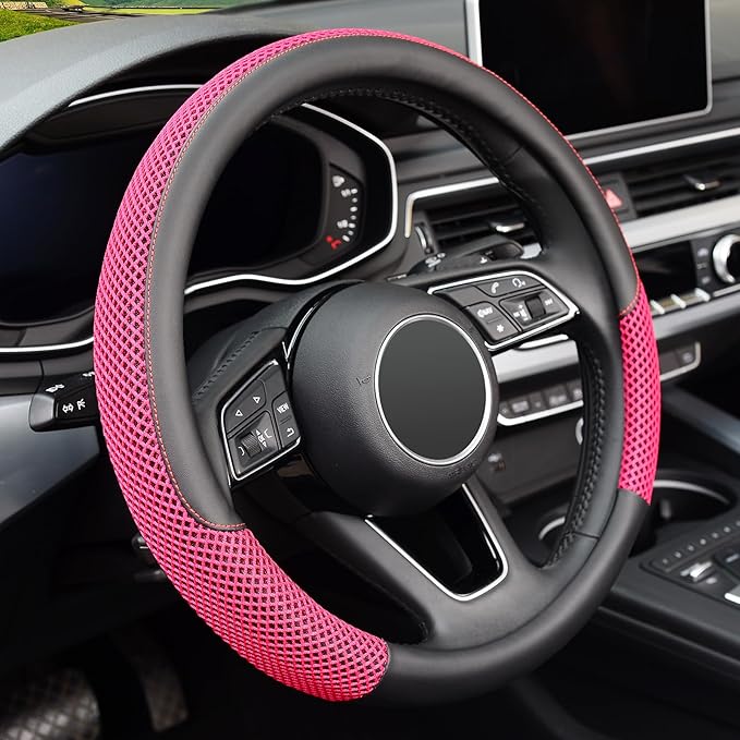KAFEEK 15 inch Steering Wheel Cover, Cooling Ice Silk Mesh with Microfiber Leather, Heat Resistant, Breathable, Anti-Slip, Su