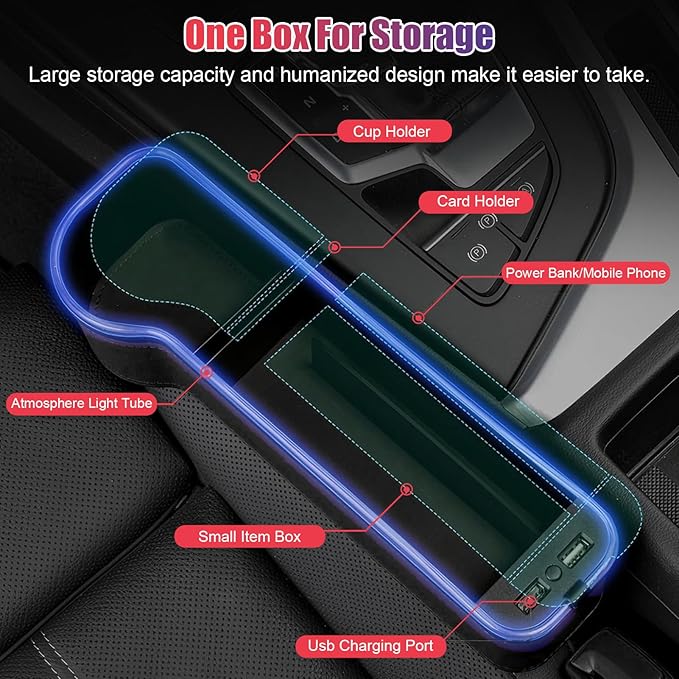 2PCS LED Car Seat Gaps Filler Organizer,Front Seat Gaps Filler, Car Seat Organizer with Ambient Light, USB Charger for Multifunction Storage Box for Holding Phone, Sunglasses