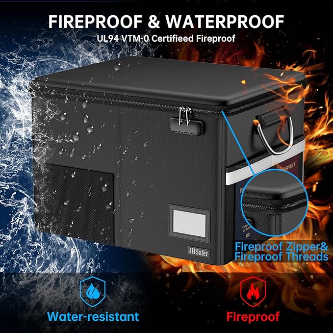 5200℉ Fireproof Document Box with Lock, Waterproof File Organizer with Handle, Portable Collapsible Filing Cabinet with Refle