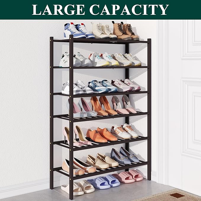 Smiry Bamboo Shoe Rack for Closet, 6 Tier Wooden Stackable Shoe Organizer, Free Standing Shoes Storage Shelf for Entryway, Fr