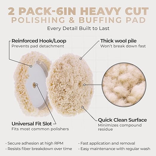 TCP Global 6" 100% Wool Polishing & Buffing Pad (2 Pack) with Hook and Loop Backing - Wool Buffing Pad for Automotive, Marine, Truck, RV & Compound Cutting