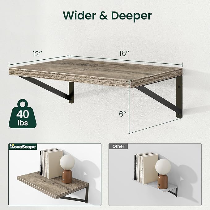 Floating Shelves, 12 Inch Deep Rustic Wood Wall Storage, 16W x 12D Wall Shelves Set of 2, Heavy Duty Metal Brackets, Large In