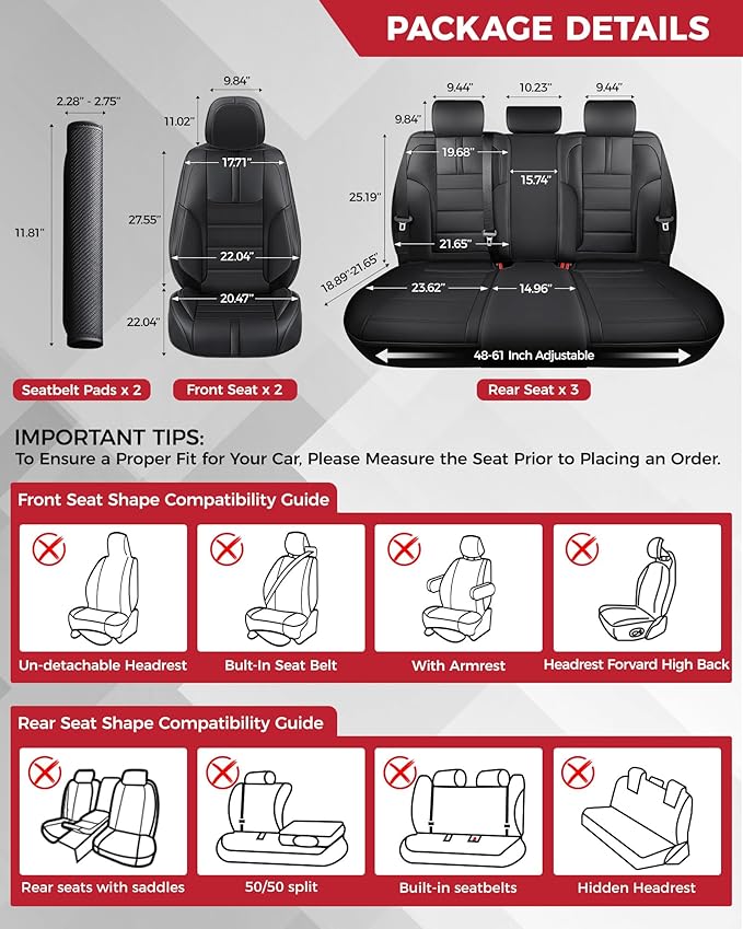 FREESOO Black Car Seat Covers Full Set - Faux Nappa Leather Seat Covers for Cars, with Front Seatbelt Pads, Waterproof Breath