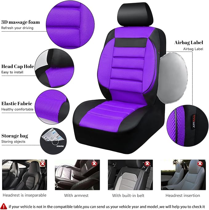 CAR PASS Leather 3D Foam Back Support Car Seat Covers Full Set Air Mesh Automotive Seat Covers, All Season Car Seat Cover Fit