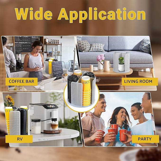 4-Compartment Rotating Paper Cup Holder & Coffee Cup Lid Storage Dispenser, Plastic Cup Dispenser Removable, Space-Saving Cou
