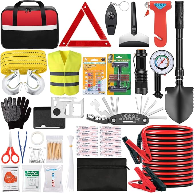 Car Roadside Emergency Kit - Car Emergency Kit with Jumper Cables, Tow Rope, Folding Shovel, Safety Hammer, Reflective Warnin