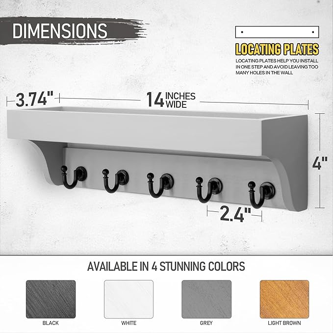 Rebee Vision Decorative Key Holder for Wall - Modern Farmhouse Wall Mount Mail Organizer Keys Hanger with Floating Shelf, 5 R