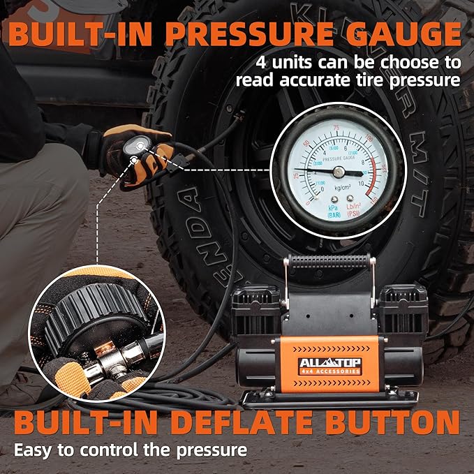 ALL-TOP Air Compressor Kit, Dual Cylinder 12V Portable Inflator 12.35 ft³/Min, Offroad Air Compressor Pump for Truck Tires, Heavy Duty Max 150 PSI for 4x4 Vehicle & RV