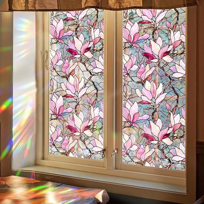 Niviy Window Clings Pink Magnolia Stained Glass Window Film, Sun Protection Decals for Car Moonroof, Static Cling Rainbow Sticker Covering for Home Door (16.93 x 39.37inch)
