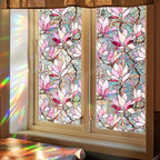 Niviy Window Clings Pink Magnolia Stained Glass Window Film, Sun Protection Decals for Car Moonroof, Static Cling Rainbow Sticker Covering for Home Door (16.93 x 39.37inch)