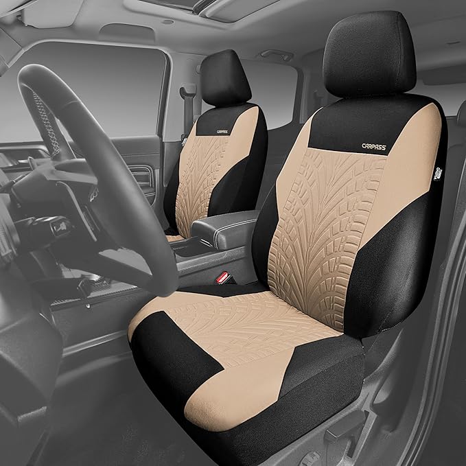 CAR PASS Car Seat Covers Two Front Only for Car, 3D Tyre Print Automotive Interior Covers, Airbag Compatible, Quick Setup Uni