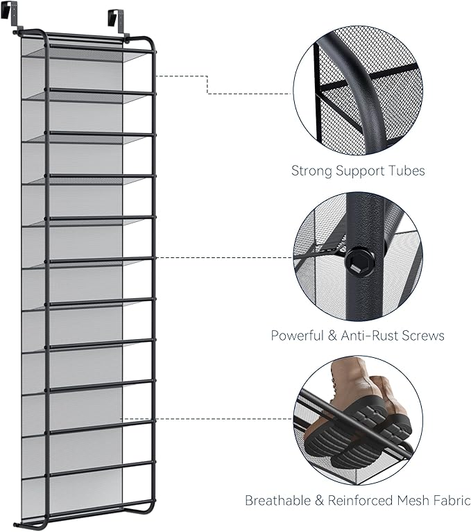Whitmor 36 Pair Over The Door Shoe Organizer, 12 Tier Hanging Shoe Organizer, Heavy Duty Metal & Mesh Shoe Holder, Hanging Sh