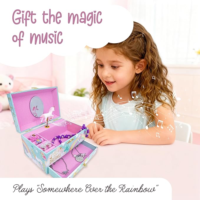 The Memory Building Co Unicorn Musical Jewelry Box Plays Classic Melody, Storage Organizer Music Box for Kids Ages 6-12, MDF 