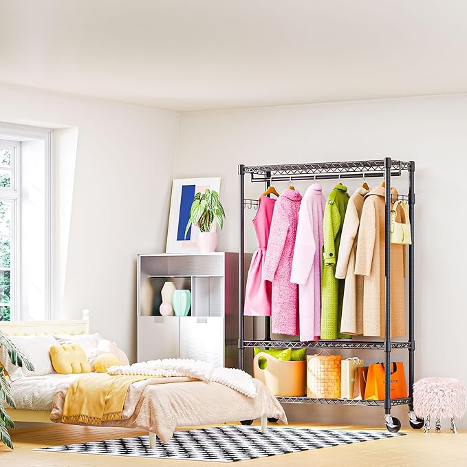 M MZG Heavy Duty Rolling Garment Rack 3 Tiers Adjustable Wire Shelving Clothes Rack with 1 Rods and Side Hooks,Storage Closet