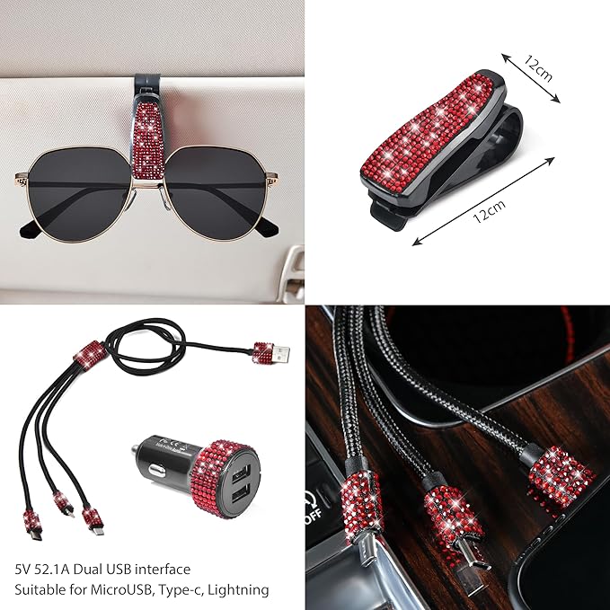 CAR PASS 30 PCS Bling Diamond Car Accessories Set for Women, Bling Steering Wheel Covers 15 Inch, Shining Rhinestone License Plate Frame, Sparkly Phone Holder, Cute Interior Set Decorations, Red