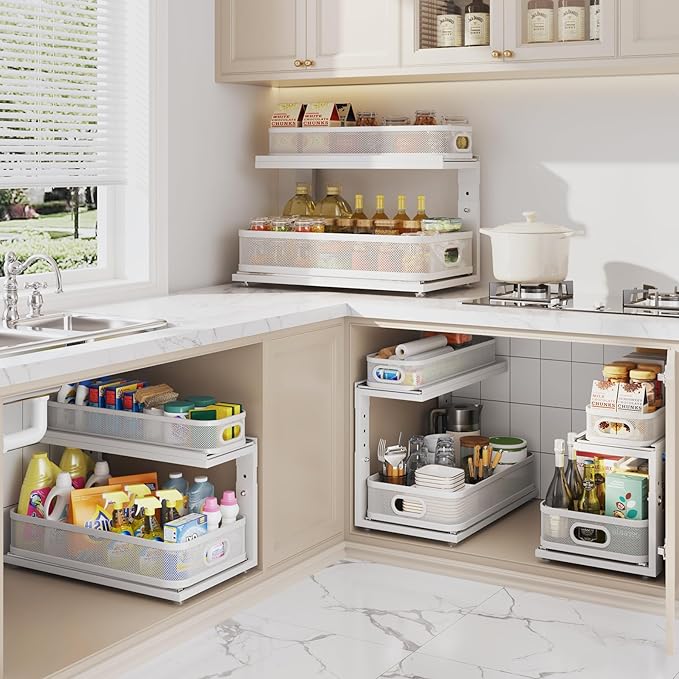 2 Pack 21IN-Depth Under Sink Organizer With Next-Gen Ball-Bearing Slides,2-Tier Precision Mesh Pull Out Cabinet Storage for B