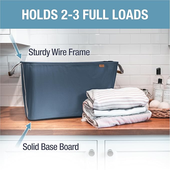 CleverMade Collapsible Laundry Basket LUXE 2 Pack – 60 L (16 Gal) Foldable Cotton Blend Clothes Hamper with Vegan Leather Acc