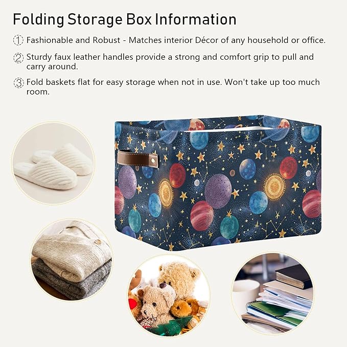 xigua Cartoon Planets Storage Basket Collapsible Storage Bins Waterproof Canvas Storage Basket with Leather Handles for Home 