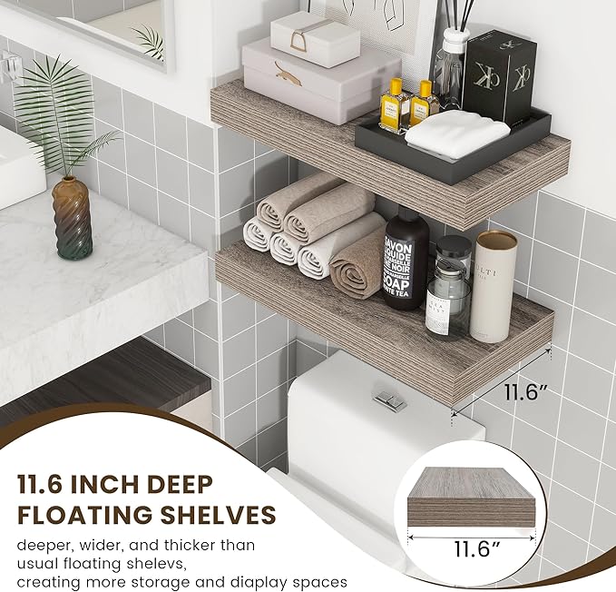 Deep Floating Shelves | 24 Inch Grey Floating Shelves Set of 2 | 12 Inch Deep Rustic Wood Shelves for Wall | 24" W x 12" D Gr